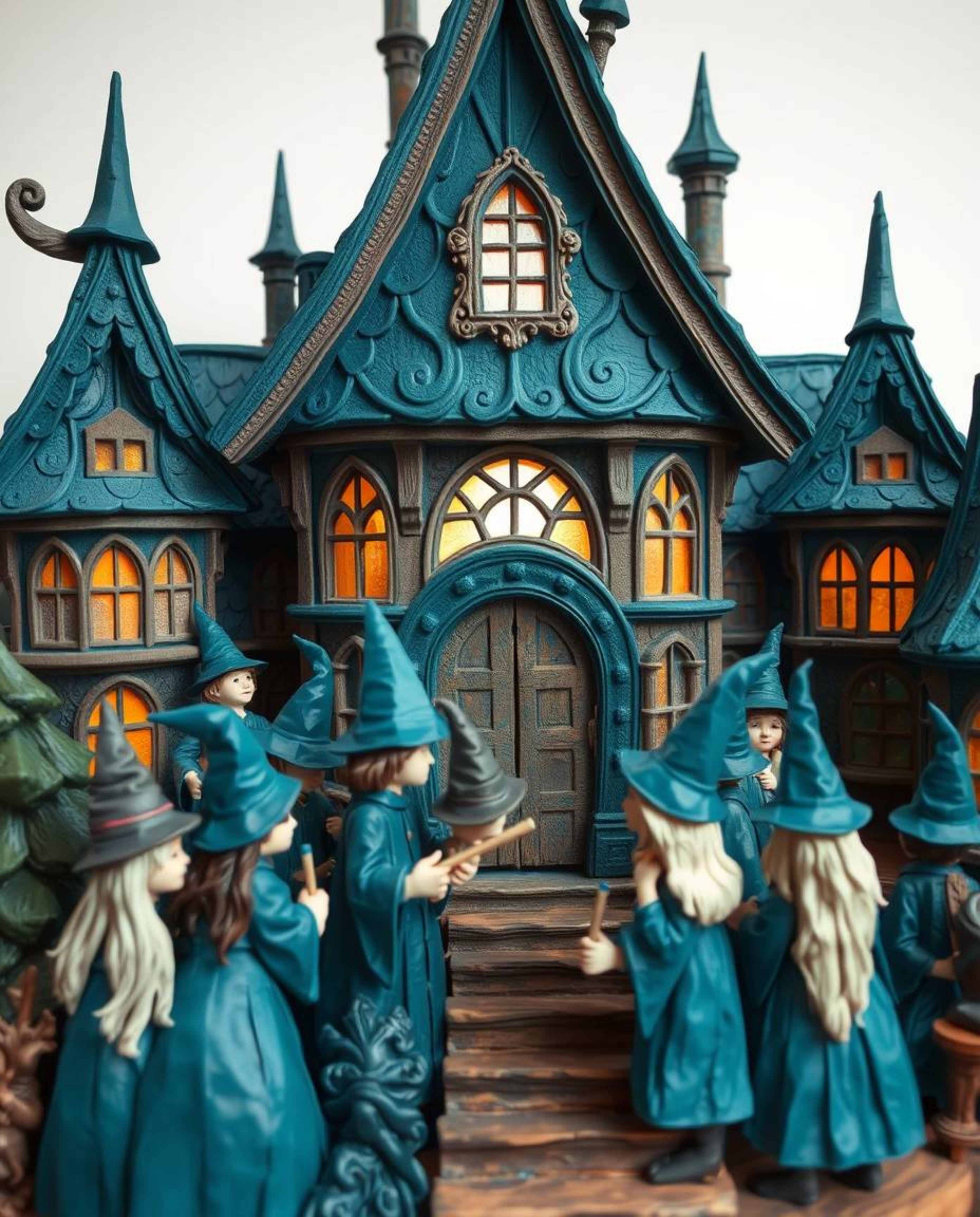 This stunning papier-mâché sculpture depicts a magical school teeming with young wizards, meticulously crafted from rich, dee