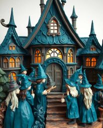 This stunning papier-mâché sculpture depicts a magical school teeming with young wizards, meticulously crafted from rich, dee