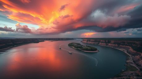 A stunning high-resolution stock photo depicts a winding river illuminated by a dramatic orange-pink sky. The intense colors 