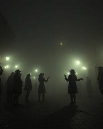 A vibrant town square is unexpectedly transformed into an eerie setting for a musical number.  Thick fog obscures visibility,
