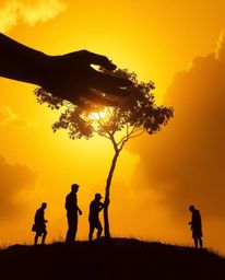 This digital painting showcases hands gently planting a tree beneath a breathtaking golden sky, creating a striking silhouett