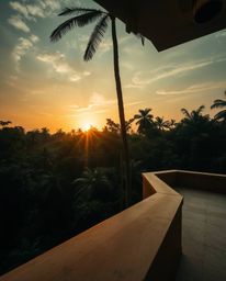 A precise architectural color photograph that captures an ethereal, spiritual vibe at sunset through a dense jungle canopy. A