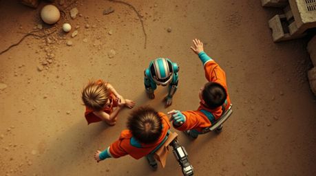 Witness an electrifying aerial perspective of three extraordinary children engaged in a fierce battle against a formidable ro