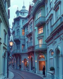 Discover a breathtaking surreal street scene where buildings elegantly fold and twist, rendered in cool blues, greens, and pu