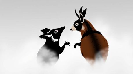 A logo depicting a pair of talking animals engaging in mischievous activities, observed from a bird's-eye perspective within 