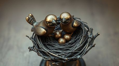 A captivating high-angle shot showcases a bronze sculpture of two cartoon birds meticulously constructing a nest. Rendered i