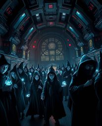Explore a futuristic sci-fi magical school brimming with young wizards, rendered in intense jet black and deep shadows. This 