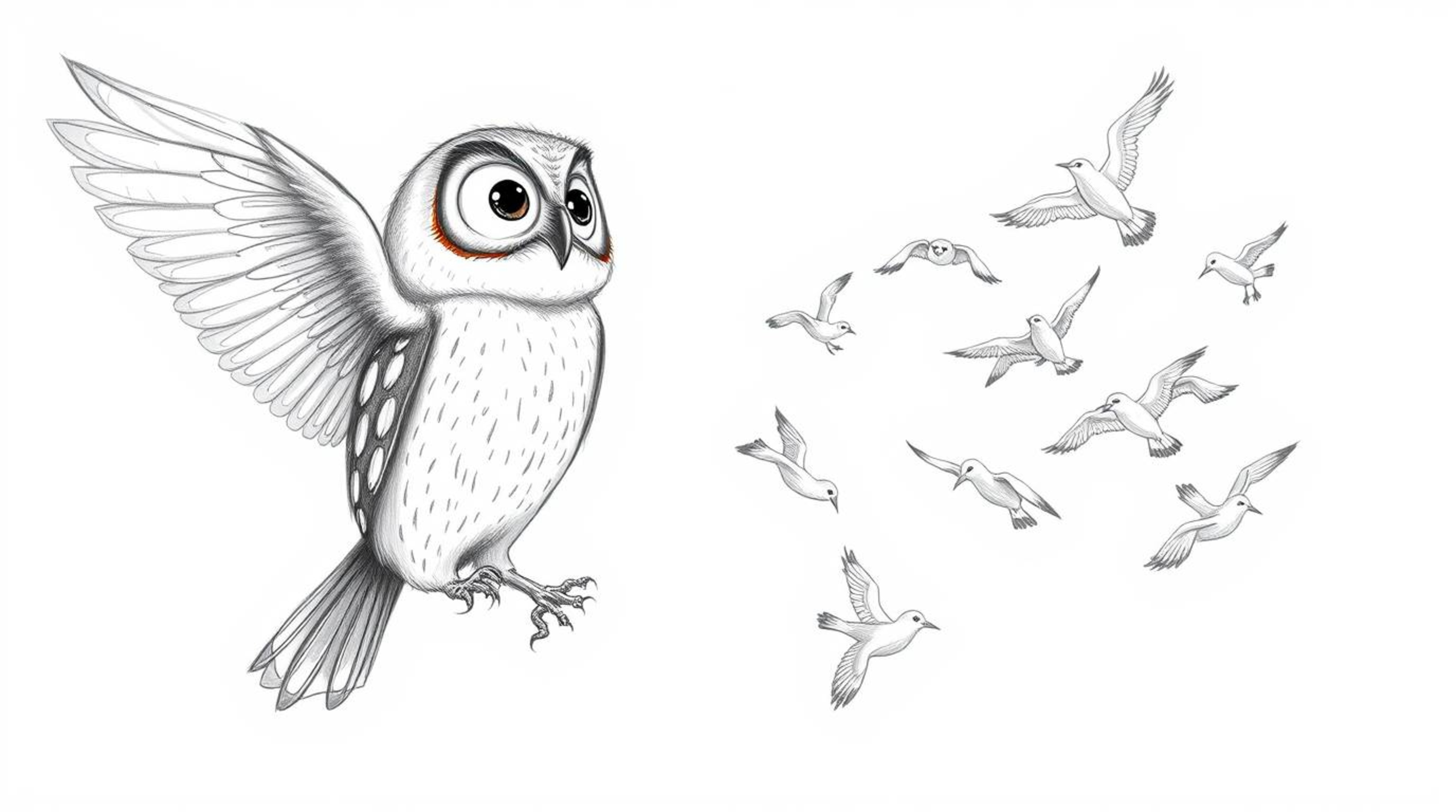 Experience the whimsical artistry of a Pixar-style, hand-drawn sketch featuring a blind owl with intricately detailed feather