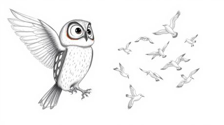 Experience the whimsical artistry of a Pixar-style, hand-drawn sketch featuring a blind owl with intricately detailed feather