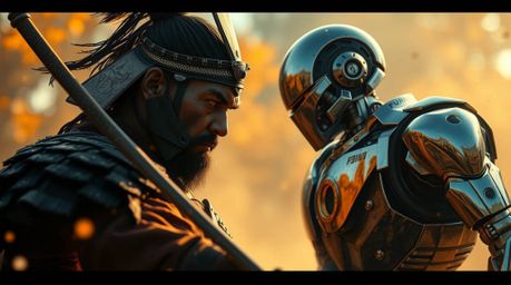 In a dystopian world painted with warm autumn hues, a weathered samurai with a stern face clashes with a sleek chrome robot. 