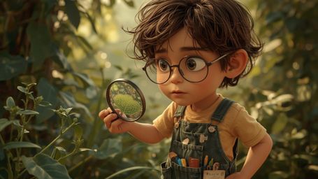 A highly detailed, high-resolution stock photo shows a young, bespectacled homeschooled genius, depicted in a vibrant, styliz