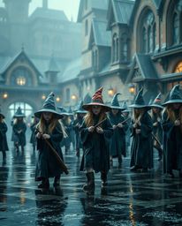 Discover a captivating image of a magical school brimming with young wizards.  The scene is set on a wet, rainy day, featurin
