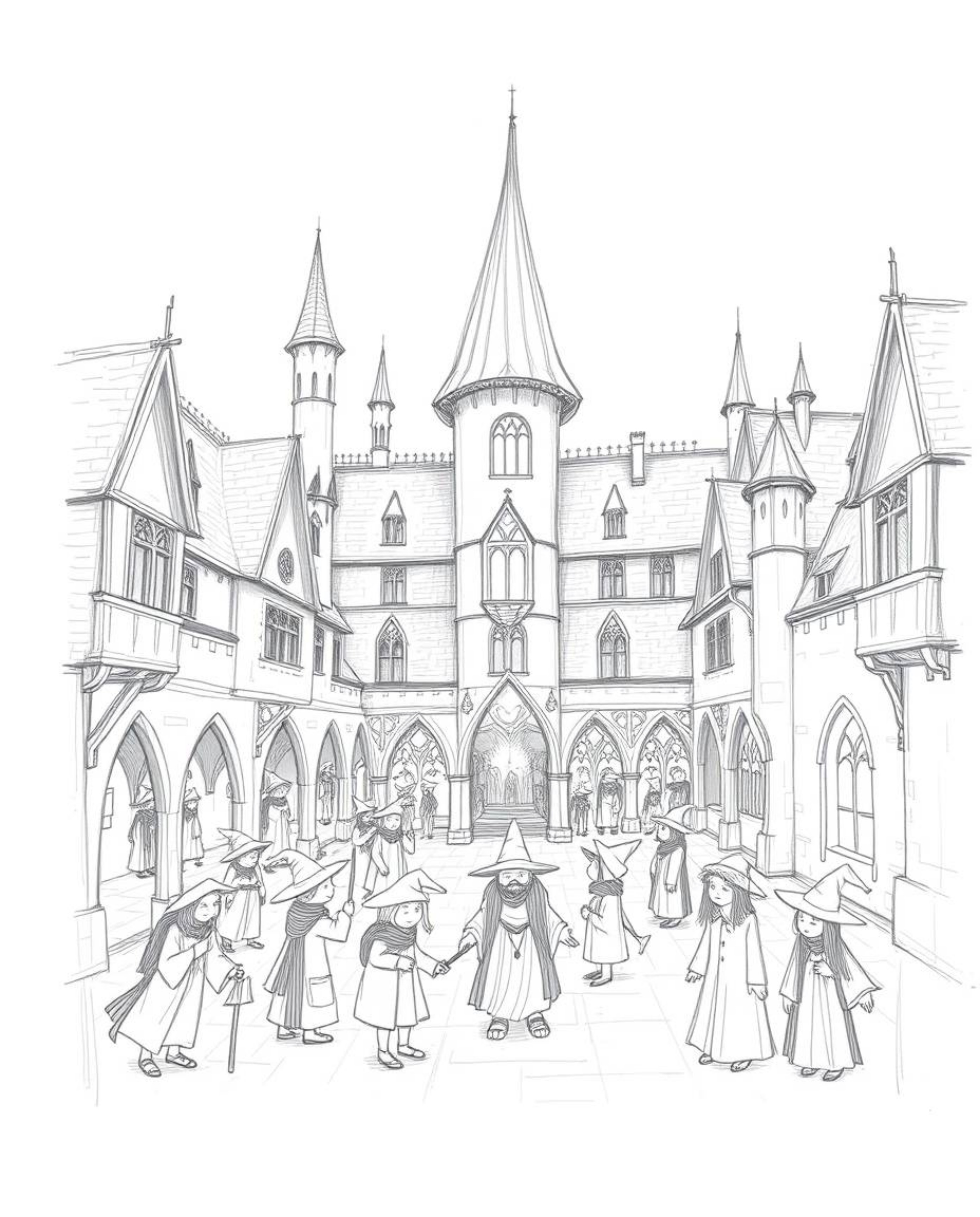 A captivating hand-drawn sketch depicts a magical school brimming with young wizards.  The illustration features smooth gradi