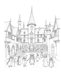 A captivating hand-drawn sketch depicts a magical school brimming with young wizards.  The illustration features smooth gradi