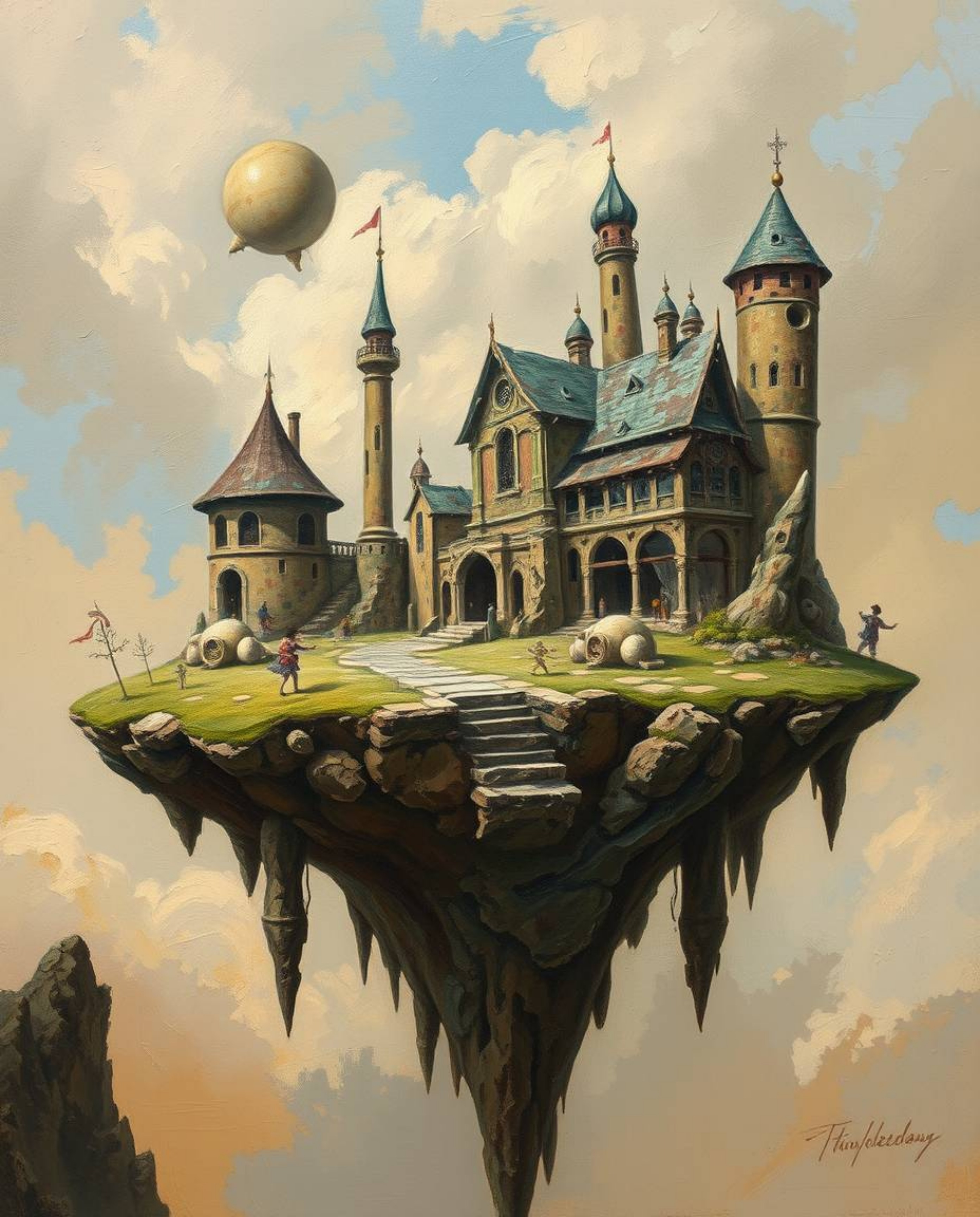 Explore a surreal floating island rendered in the style of a classic oil painting, showcasing strange and captivating archite