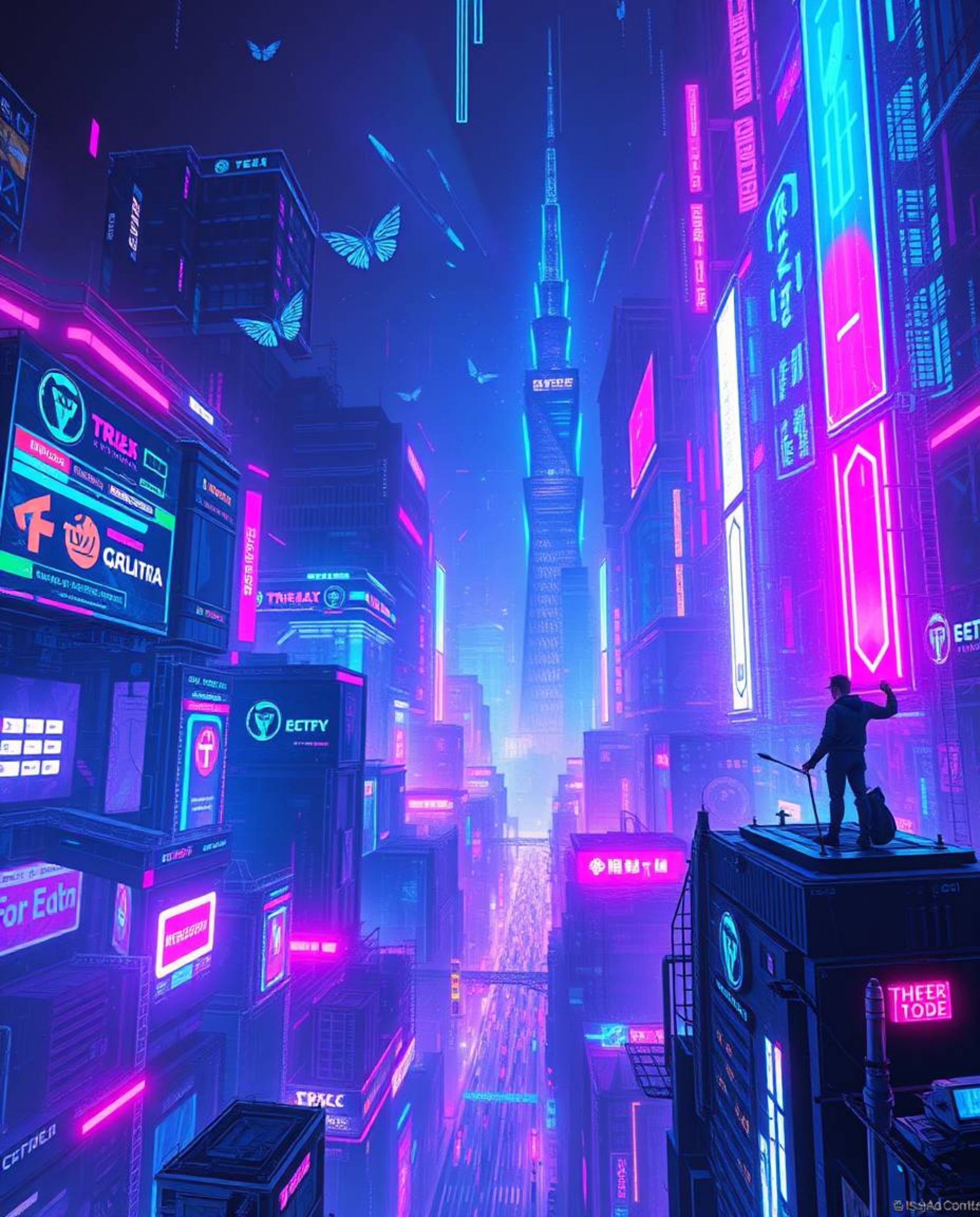 A captivating surreal digital painting showcases a futuristic city engulfed in a glitch effect.  Flickering lights, broken ho