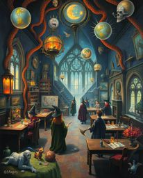 Explore a surreal painting of a magical school brimming with young wizards, where fantastical elements and bizarre scenes int