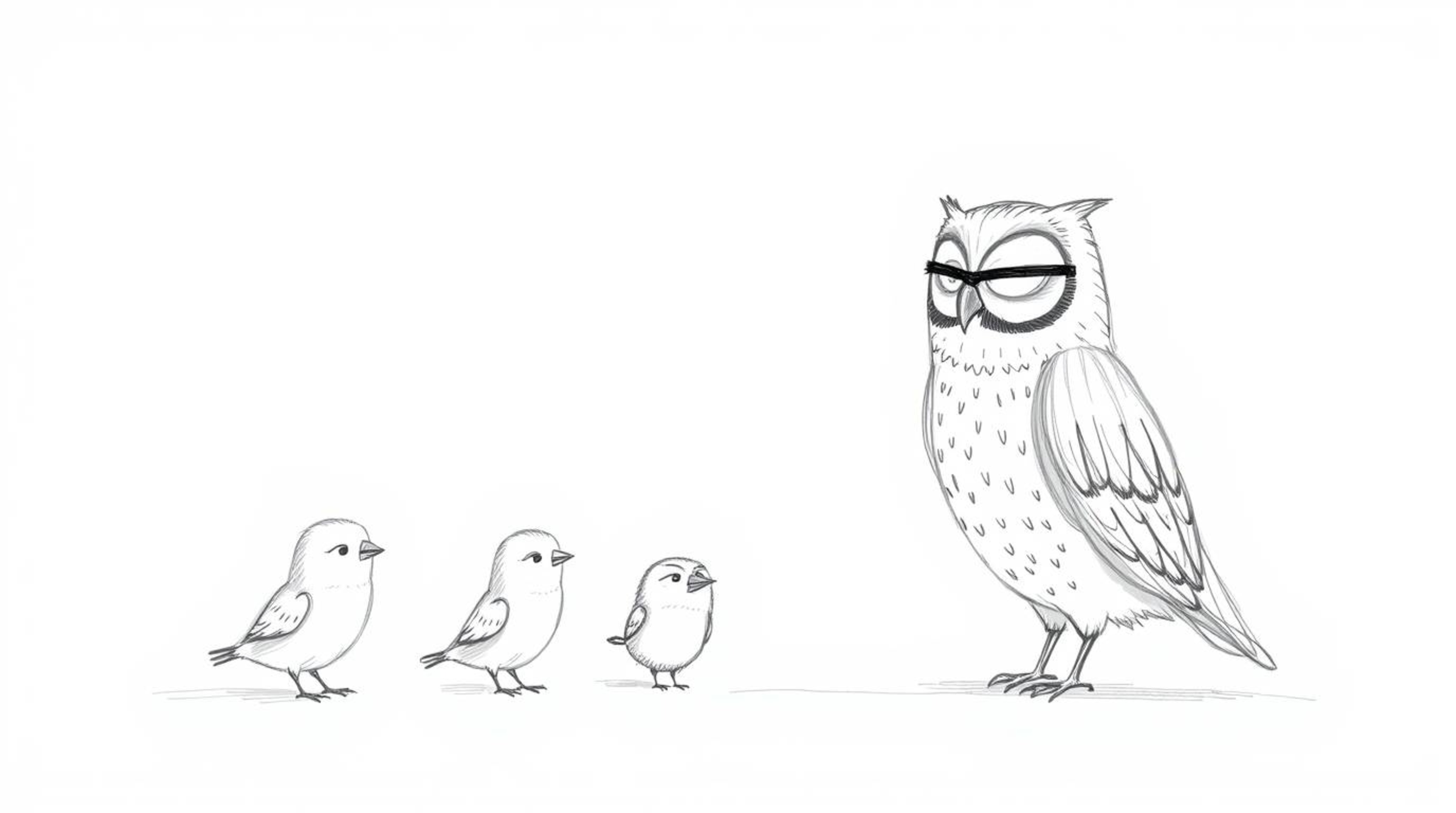 A whimsical, hand-drawn sketch in the style of Pixar depicts a blind owl patiently guiding several small birds, each meticulo