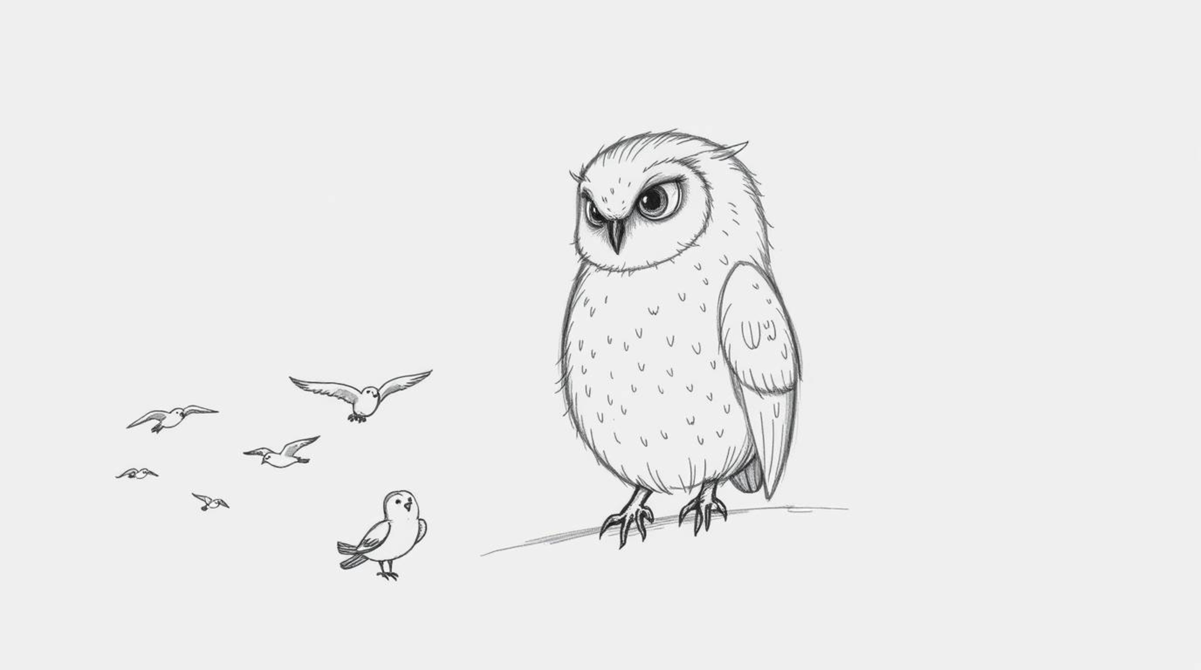 A serene, blind owl with soft, textured feathers patiently guides a flock of birds during flight training in this charming, h