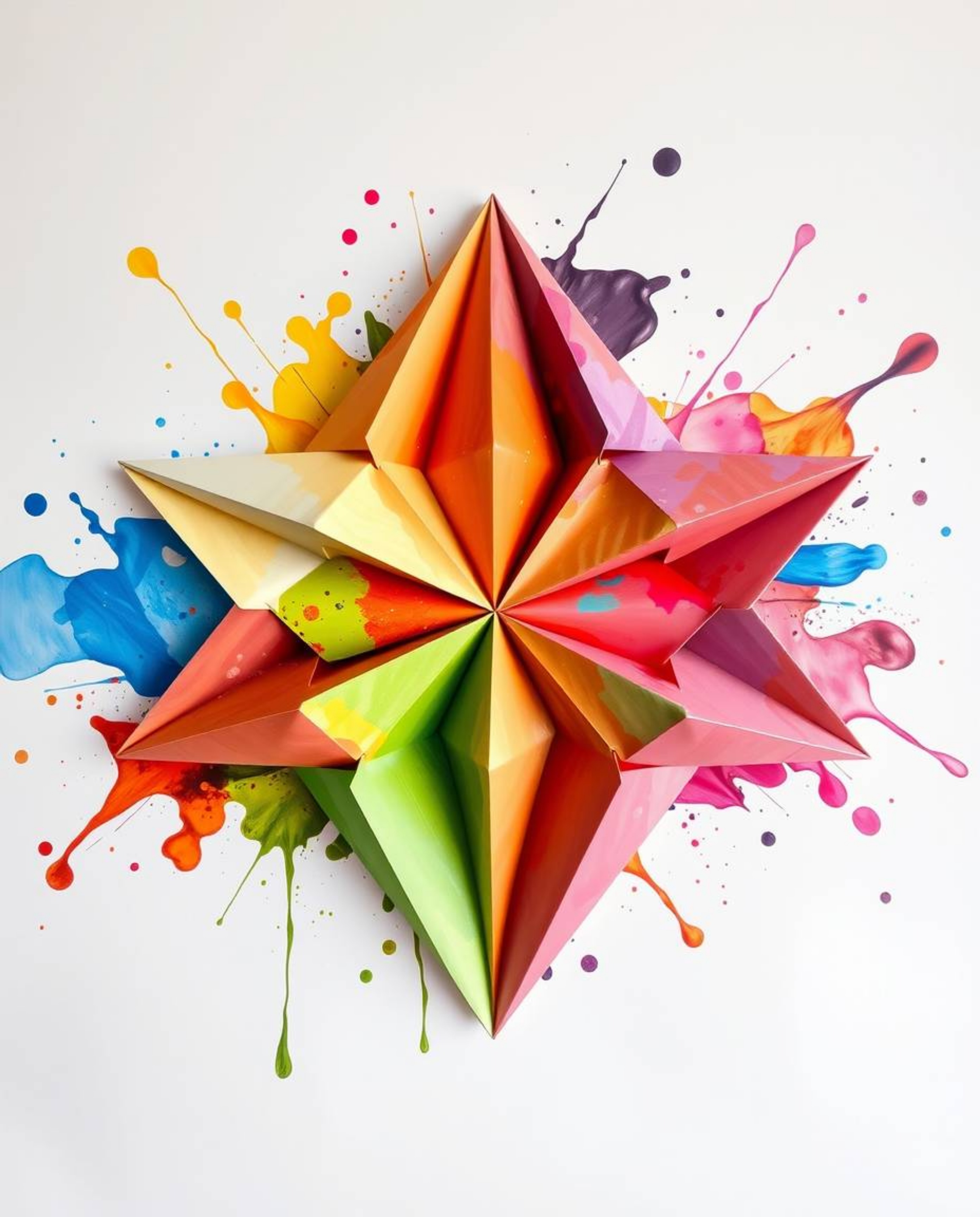 This series showcases intricate abstract paintings inspired by origami, featuring vibrant explosions of colorful paint splash