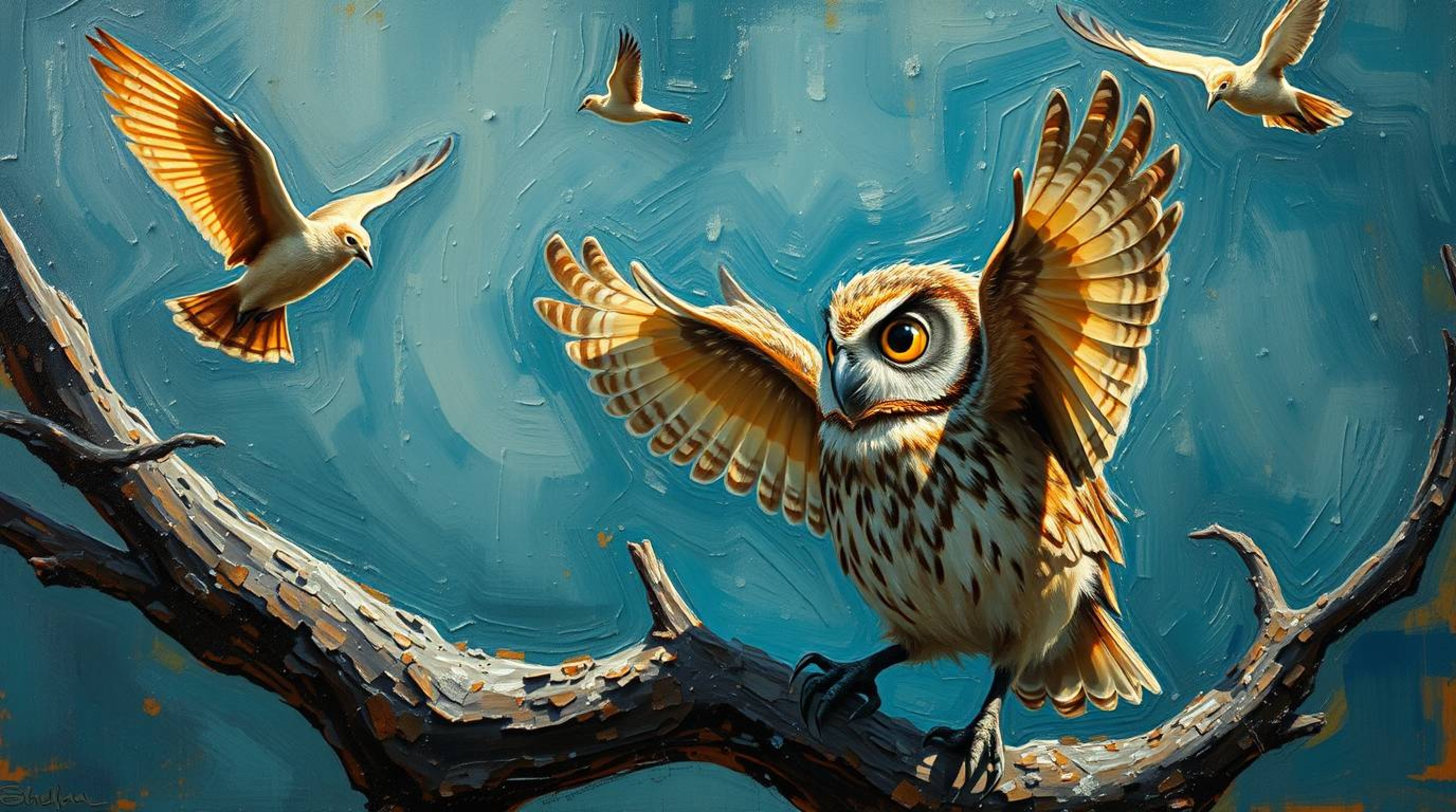 A heartwarming Pixar-style oil painting captures a blind owl patiently teaching birds how to fly. The rich impasto textures a