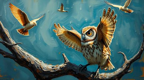 A heartwarming Pixar-style oil painting captures a blind owl patiently teaching birds how to fly. The rich impasto textures a
