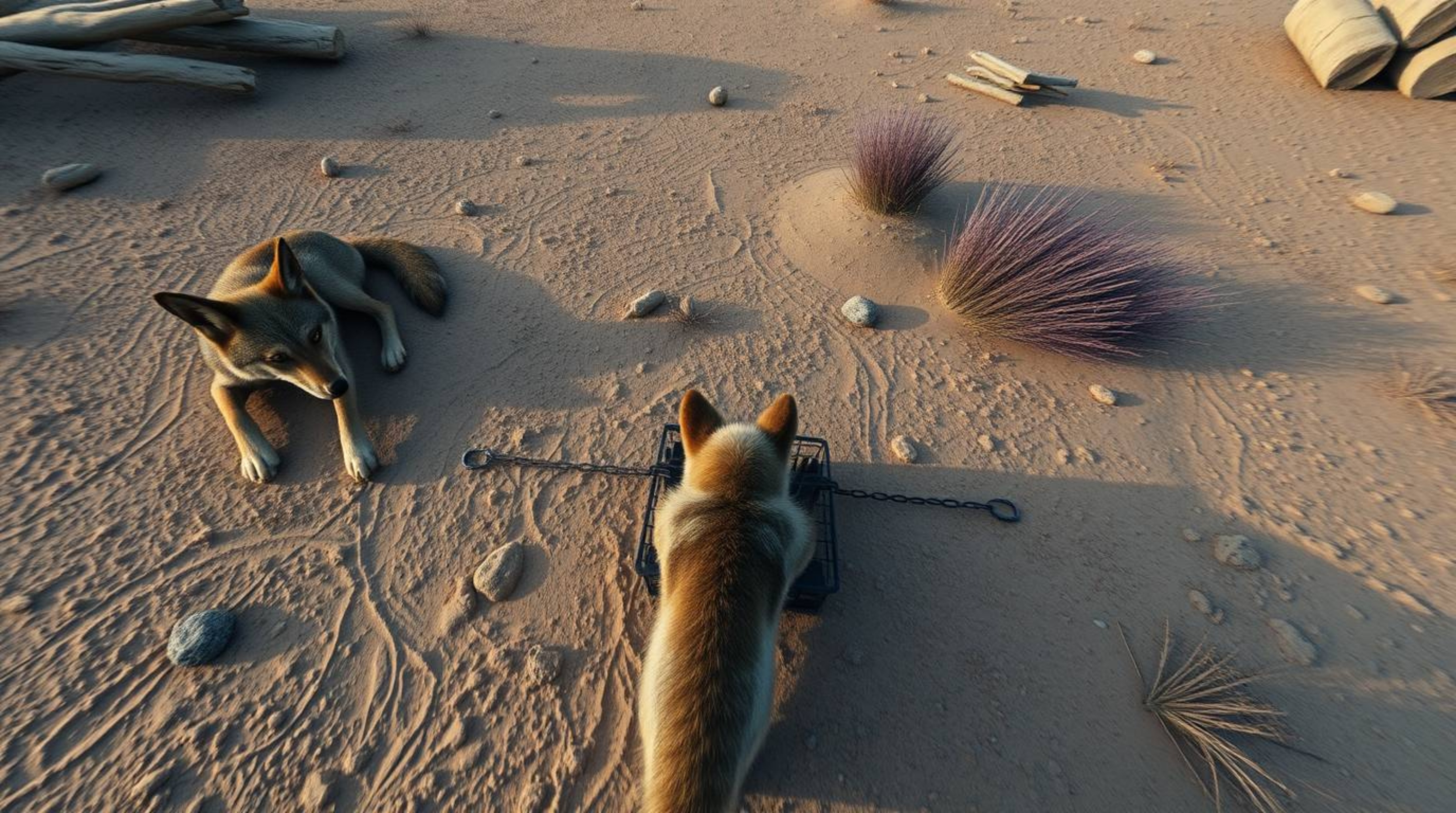 This digital photograph captures a high-angle perspective of a coyote diligently setting a trap in the arid desert landscape.