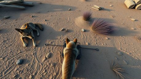 This digital photograph captures a high-angle perspective of a coyote diligently setting a trap in the arid desert landscape.