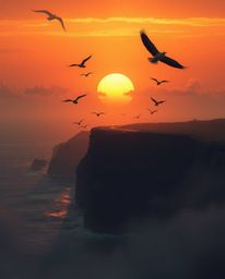 This is a grand and epic scene set in a modern future, depicting a distinct split sunset over a coastal cliff with soaring bi
