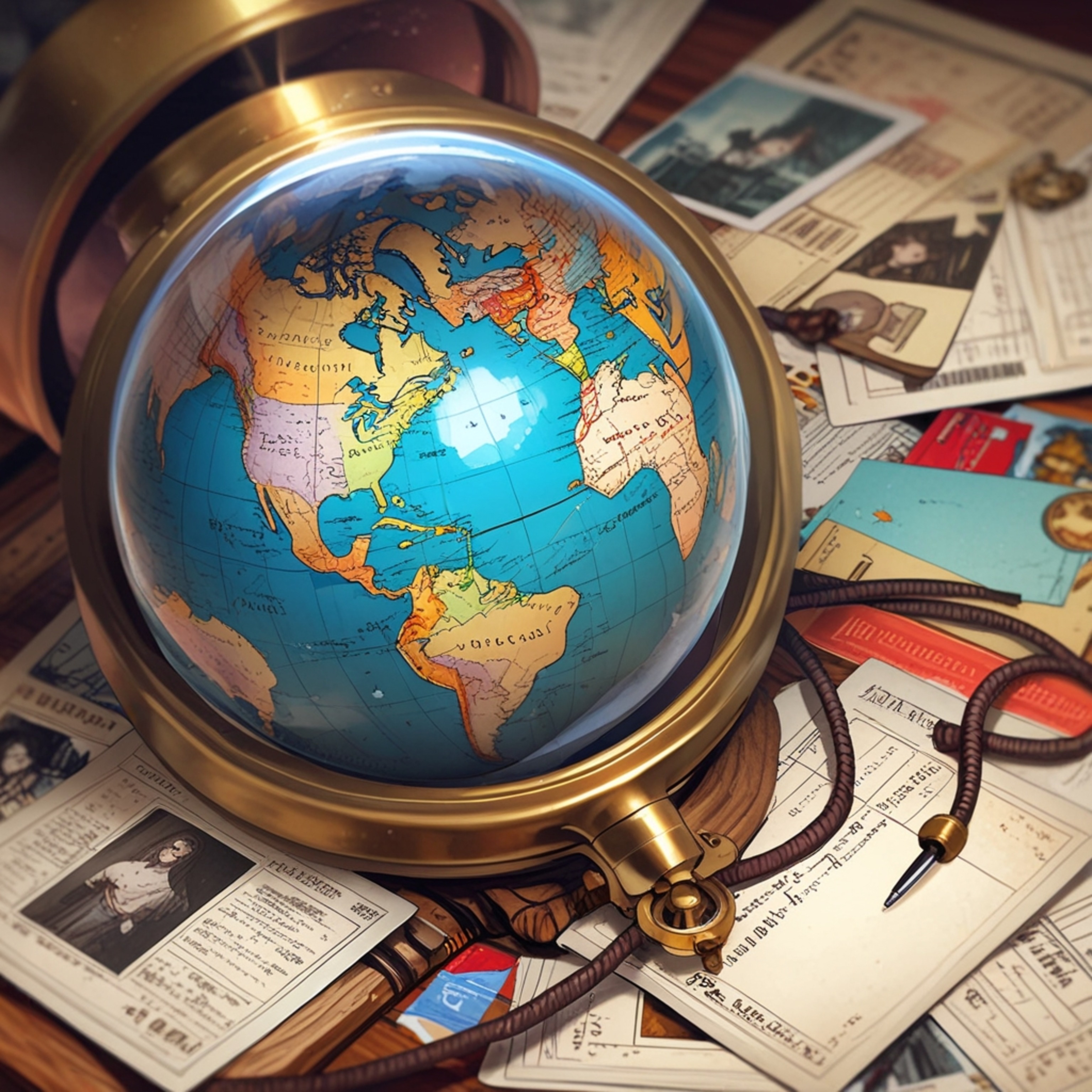 This captivating close-up showcases a spinning globe as its central focus, surrounded by nostalgic old postcards and a classi