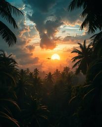 A high-angle, futuristic sci-fi illustration of a sunset through a dense jungle canopy. This dramatic, high-tension scene is 