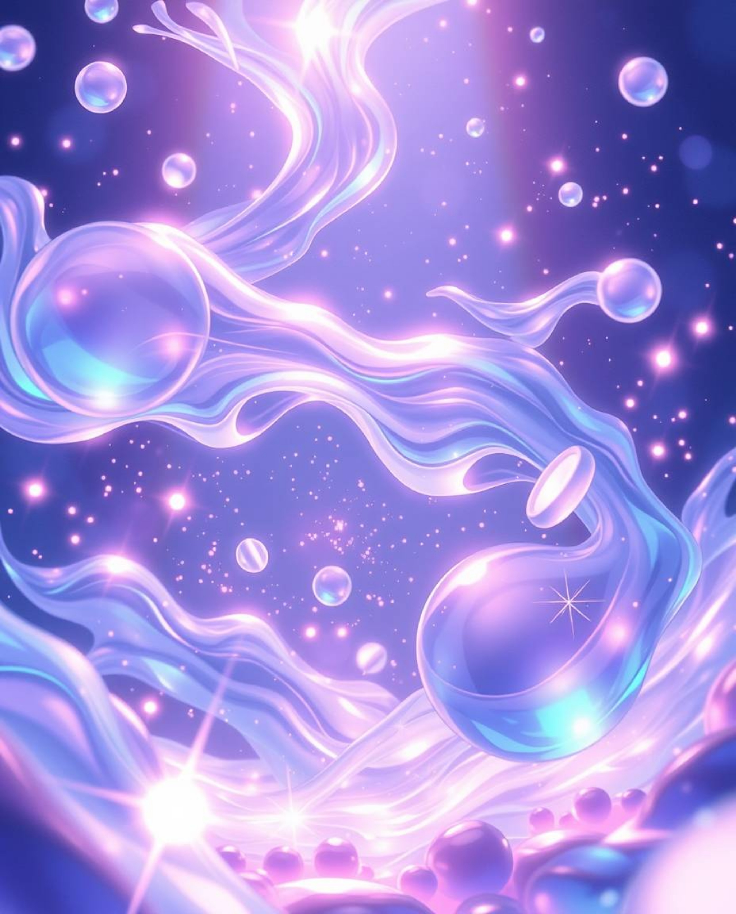 An isekai anime-style illustration showcases glassy fluid 3D shapes in captivating motion, enveloped by luminous particles. T