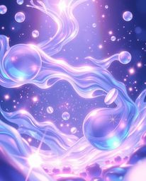 An isekai anime-style illustration showcases glassy fluid 3D shapes in captivating motion, enveloped by luminous particles. T