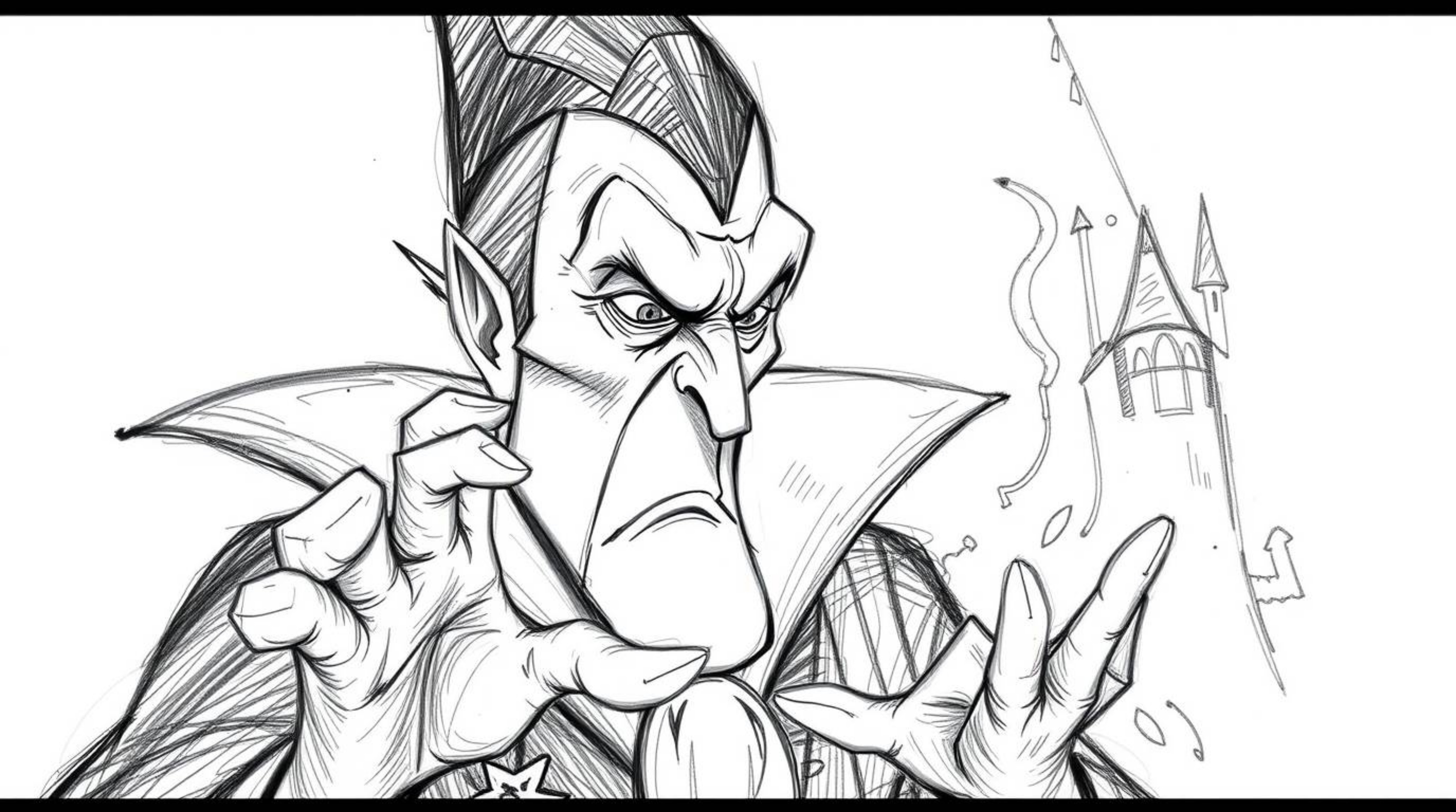 A detailed hand-drawn sketch depicts a classic Disney villain with sharp features and pale skin, casting a spell within the a