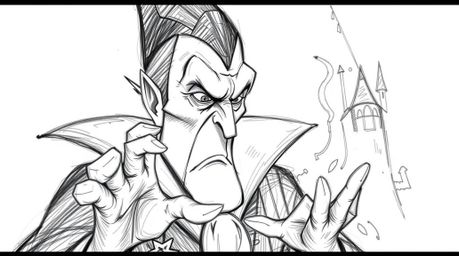 A detailed hand-drawn sketch depicts a classic Disney villain with sharp features and pale skin, casting a spell within the a