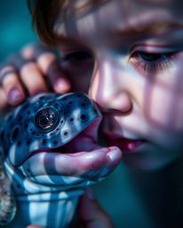 A captivating close-up shot depicts a unique bond between a sea creature and a child, showcasing detailed focus and mesmerizi