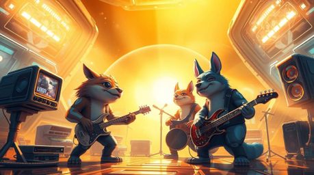 A vibrant digital painting in a futuristic sci-fi style depicts a cartoon animal rock band bathed in a warm golden glow.  The