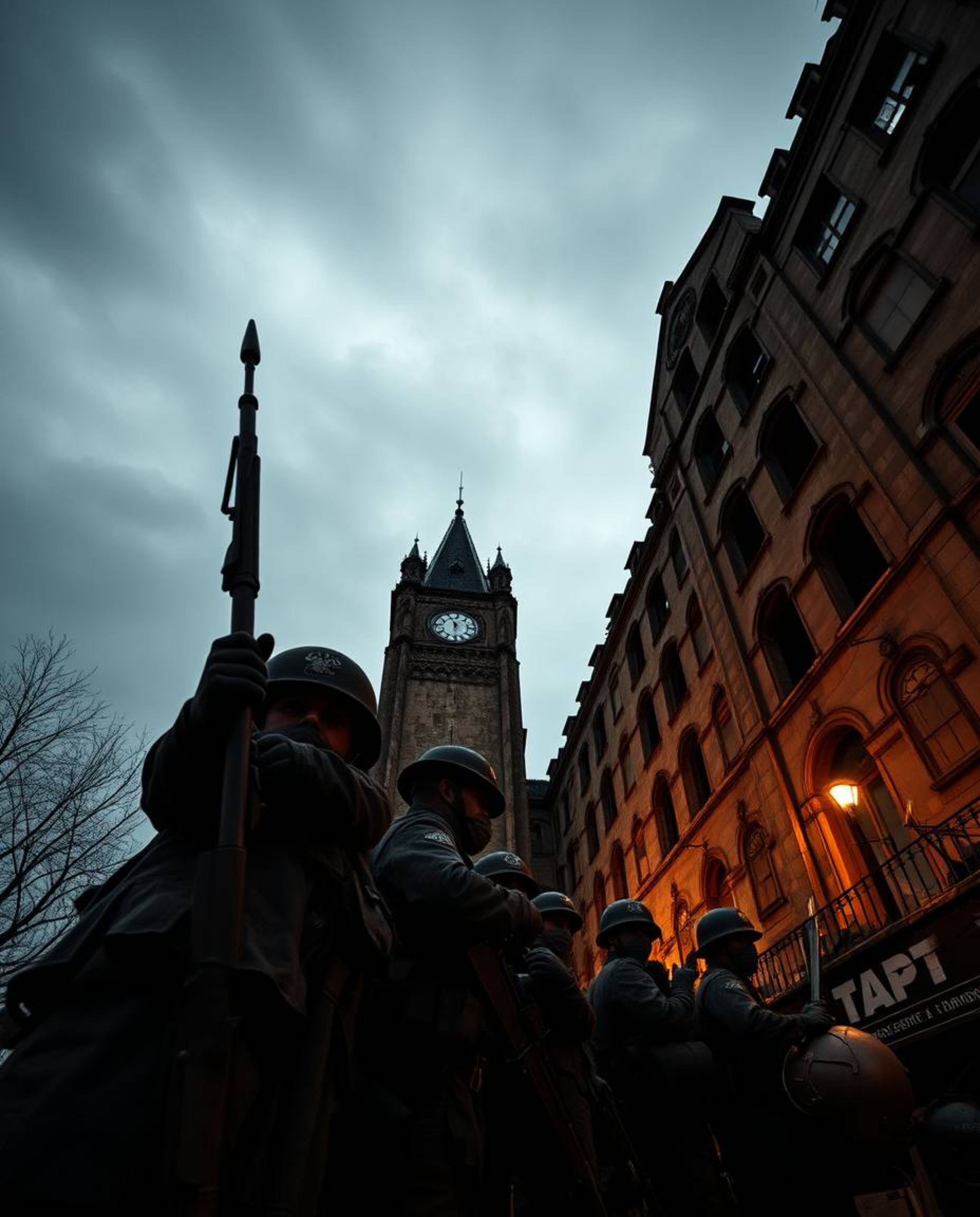This low-angle perspective stock photo captures a powerful and moody scene of a battlefield, featuring time-warped soldiers a