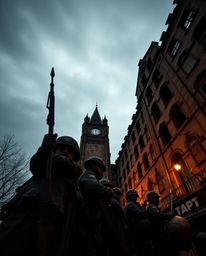 This low-angle perspective stock photo captures a powerful and moody scene of a battlefield, featuring time-warped soldiers a