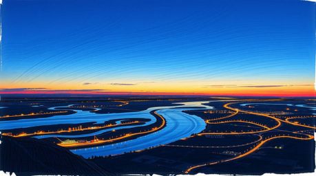 Experience the mesmerizing beauty of a river delta bathed in the soft glow of twilight, captured in a captivating hand-drawn 