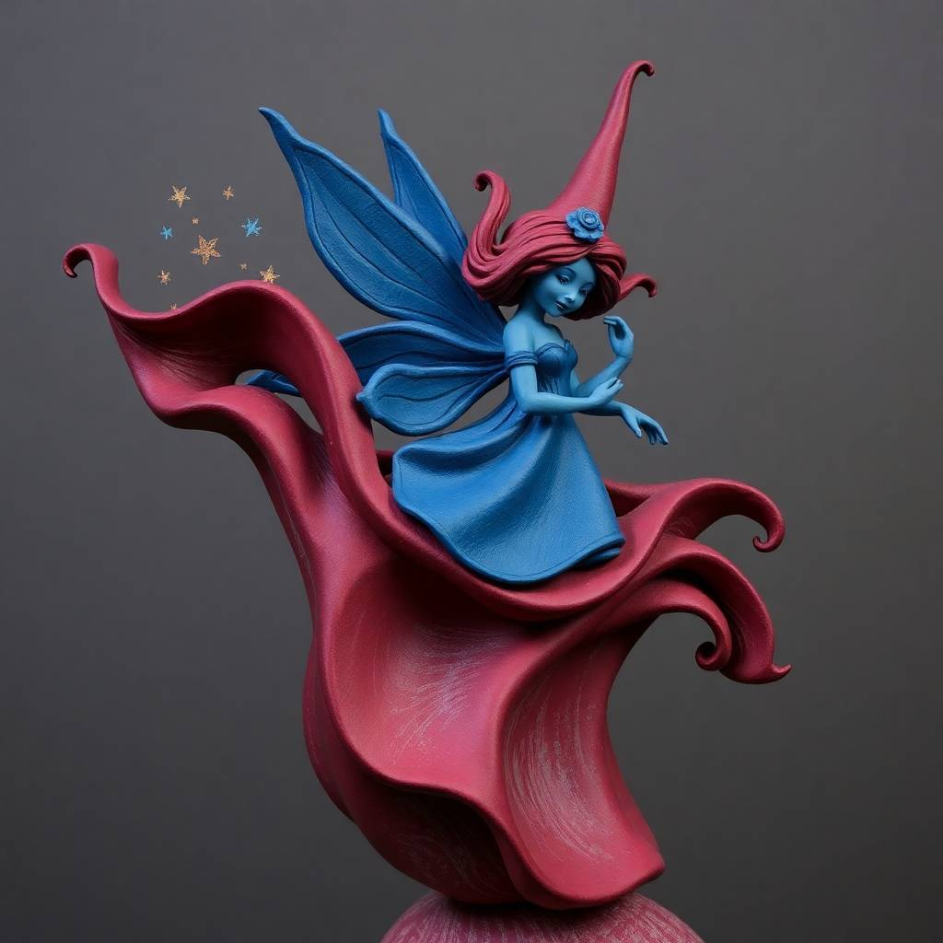 This sculptural clay art piece features a fairy godmother depicted in rich burgundy and deep blue hues, surrounded by a swirl