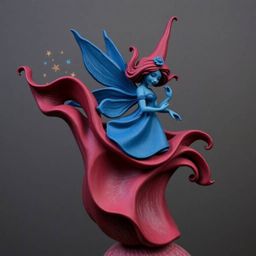 This sculptural clay art piece features a fairy godmother depicted in rich burgundy and deep blue hues, surrounded by a swirl