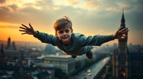 A professional fine art photograph captures a young boy with fair skin soaring amidst pixie dust above London. The image evok