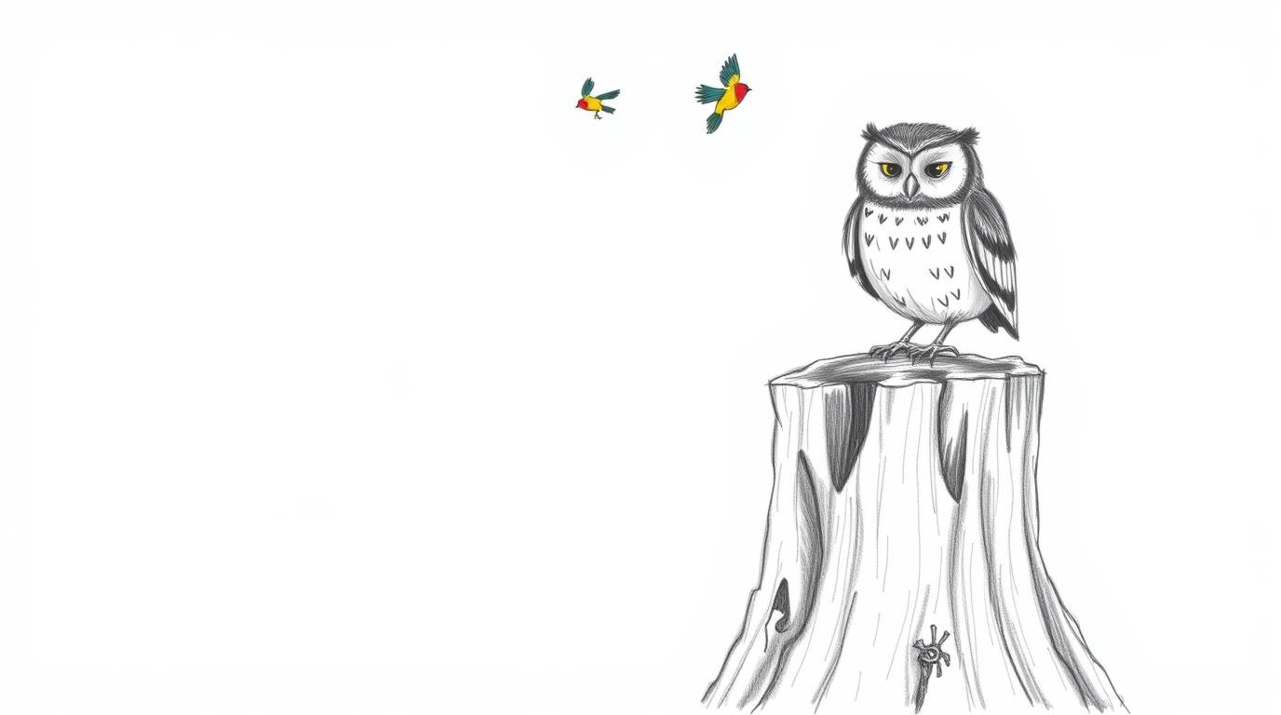 A hand-drawn pencil sketch in a Pixar-esque style, showcasing a serene blind owl perched on a tree stump against a clean whit