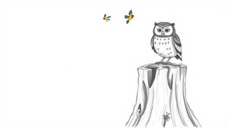 A hand-drawn pencil sketch in a Pixar-esque style, showcasing a serene blind owl perched on a tree stump against a clean whit