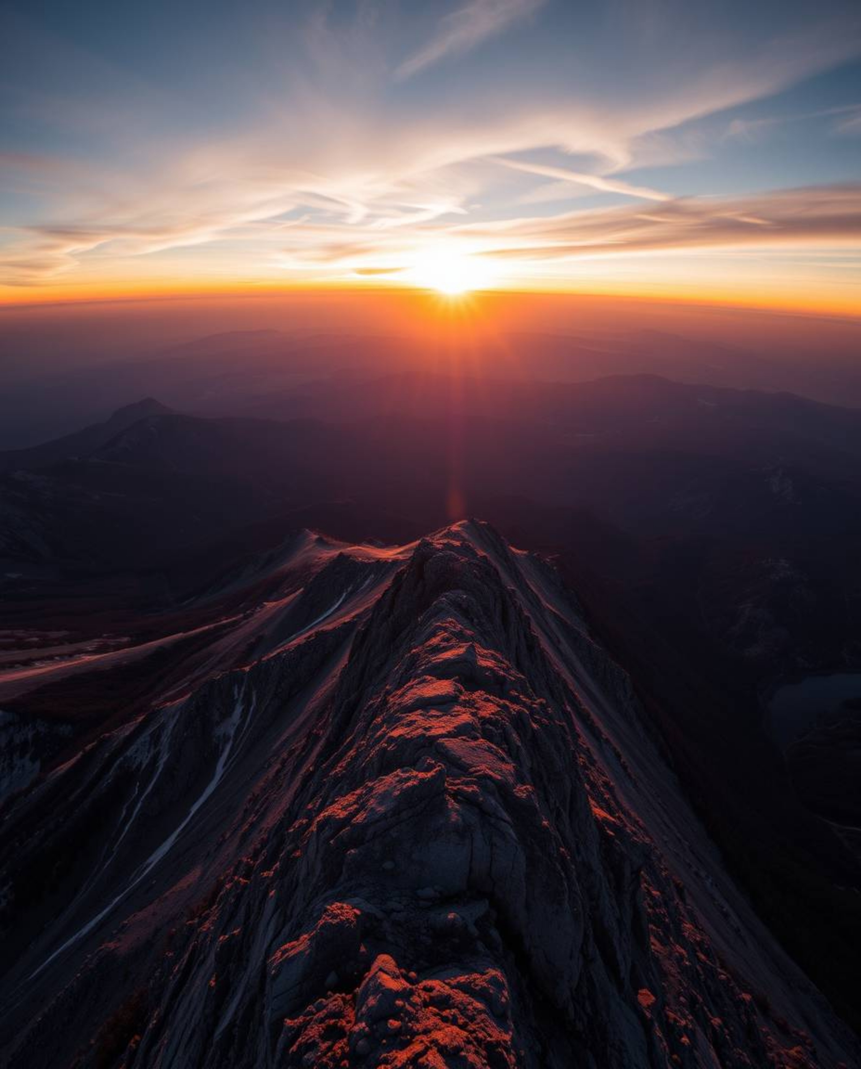 Witness a stunning sunset from a high alpine peak, captured in a unique long-exposure, bird's-eye view photograph. This top-d
