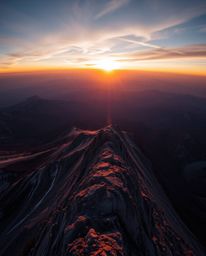 Witness a stunning sunset from a high alpine peak, captured in a unique long-exposure, bird's-eye view photograph. This top-d
