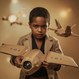 Exquisite high-fashion photography captures a boy with bright, curious eyes building an intricate cardboard spaceship.  The P