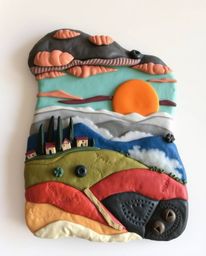 Sculptural clay artwork depicting a Tuscan sunset over misty hills, vibrant complementary colors, modeled shapes, textured su
