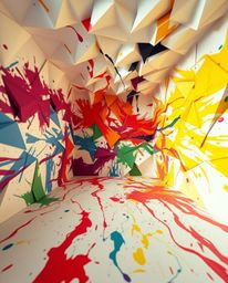 Experience a visually stunning representation of a room exploding with paint, meticulously crafted in an intricate origami st